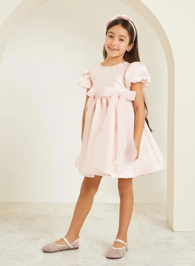 Styli Girls Pink Embellished Puff Sleeve Dress